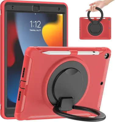 Ovitek za iPad 10,2" oklepljen z vrtljivim stojalom 360°, ročajem in trislojno zaščito pred udarci, rdeče barve