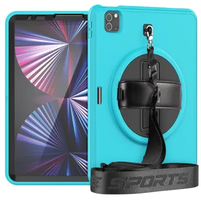 Ovitek za iPad Pro 11 3/2/1 s stojalom, ročajem in naramnim pasom, trislojna zaščita, prostor za pisalo, moder