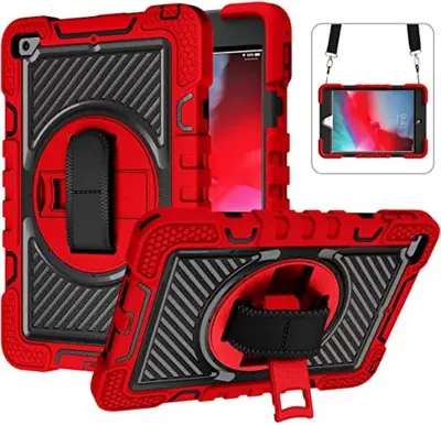 Ovitek za iPad Mini 5/4 7.9 s stojalom, ročajem in naramnim trakom, trislojna zaščita proti udarcem, rdeče barve