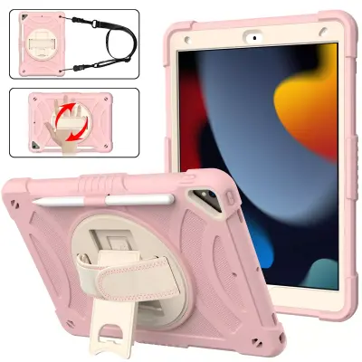 Ovitek za iPad 10.2 (9/8/7 Gen) s stojalom, ročajem in naramnim pasom, odporen na udarce, PC in TPU zaščita, roza barva