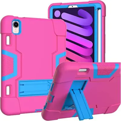 Ovitek za iPad Mini 6 8.3 robusten s stojalom in mestom za pisalo, tridelna zaščita pred udarci, silikon in plastika, roza