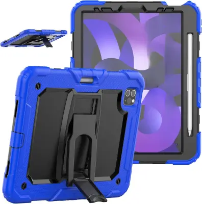 Ovitek za iPad Air 5 / Air 4 / Pro 11 s stojalom, držalom za pisalo in naramnim trakom, trislojna zaščita, modre barve