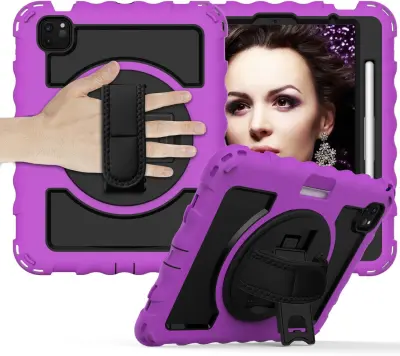 Ovitek za iPad Pro 11" s stojalom, ročajem in naramnim trakom, trislojna zaščita pred udarci, prostor za pisalo, vijoličen