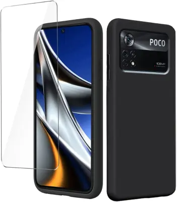 Ovitek in kaljeno steklo za Xiaomi Poco X4 Pro 5G, črn silikonski TPU etui in zaščitno steklo, komplet 2 v 1, zaščita zaslona