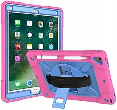 Ovitek za iPad 9.7 (2018/2017) s stojalom, ročajem in naramnim trakom, trislojna zaščita proti udarcem, roza barva