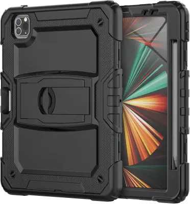 Ovitek za iPad Pro 11 3/2/1, oklepljen etui s stojalom in mestom za pisalo, trpežna troslojna zaščita, silikon, črn color