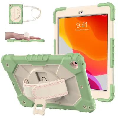 Ovitek za iPad 9.7 (2018/2017) s stojalom, ročajem in naramnim trakom, robustna troslojna zaščita, temno zelene barve