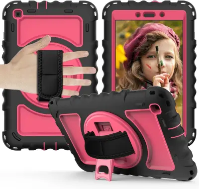 Ovitek za Samsung Galaxy Tab A 8.4 s stojalom, ročajem in naramnim pasom, trislojna zaščita pred udarci, rožnat