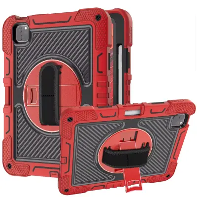 Ovitek za iPad Pro 11" 3/2/1, robustna zaščita, 360° vrtljivo stojalo, naramni pas in držalo za pisalo, rdeč