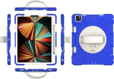 Ovitek za iPad Pro 12.9" s 360° vrtljivim stojalom, ročajem in mestom za pisalo, trislojna zaščita, temno modre barve