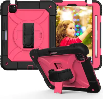 Ovitek za iPad Air 5 / Air 4 / Pro 11, trislojni zaščitni etui s 360° stojalom, naramnim trakom in držalom za pisalo, roza