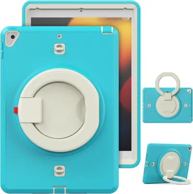 Ovitek za iPad 8/9 10,2" s stojalom, ročajem in naramnim pasom, trislojna zaščita, odporen na udarce, turkizne barve