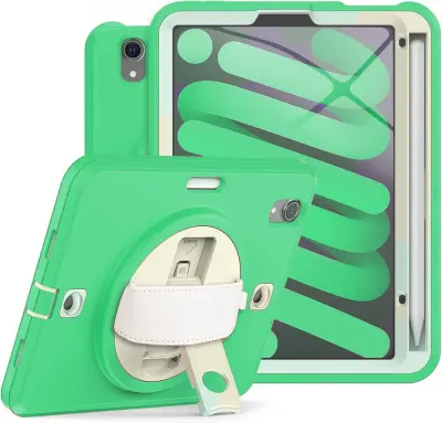 Ovitek za iPad Mini 6 8.3" s stojalom, naramnim pasom in držalom za pisalo, troslojna zaščita proti udarcem, zelen