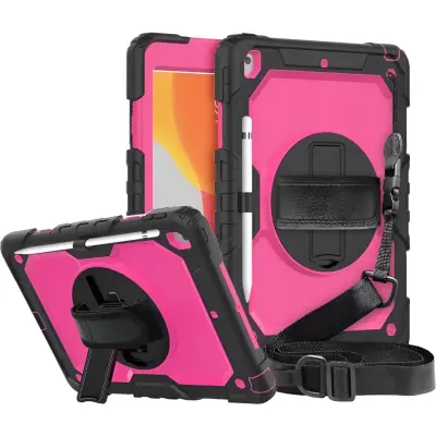 Etui za iPad 10.2 (7./8./9. gen) robusten ovitek z vrtljivim stojalom, držalom za pisalo in pasom, polikarbonat, rožnat