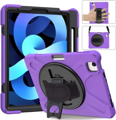 Ovitek za iPad Pro 12.9 (2021/2020/2018), vrtljivo stojalo 360, držalo za pisalo, robustna trislojna zaščita, vijoličen