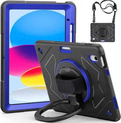 Ovitek za iPad Pro 11 / Air 5 / 4 s stojalom, ročajem in naramnim trakom, trislojna zaščita proti udarcem, črne barve