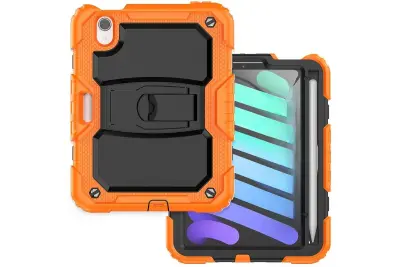 Ovitek za iPad Mini 6 8.3 robusten s stojalom in mestom za pisalo, tridelna zaščita proti udarcem, silikonski, oranžen