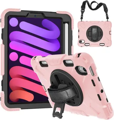 Ovitek za iPad Mini 6 8.3" s 360° vrtljivim stojalom, držalom za pisalo in ročajem, troslojna zaščita, odporen na udarce, roza