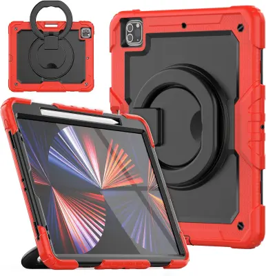 Ovitek za iPad Pro 11 s 360-stopinjskim stojalom, držalom za pisalo in ročajem, trislojna zaščita pred udarci, rdeč