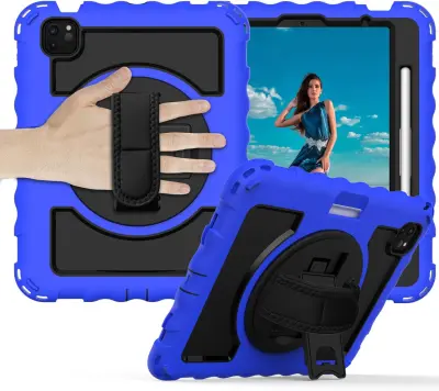 Ovitek za iPad Pro 11 s stojalom, ročajem in naramnim pasom, trislojna zaščita proti udarcem, moder (iPad Pro 11-inch)