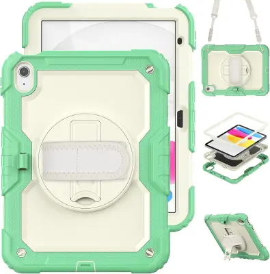 Ovitek za iPad 9/8/7 10.2 s stojalom, naramnim pasom in držalom za pisalo, troslojna zaščita pred udarci, zelene barve