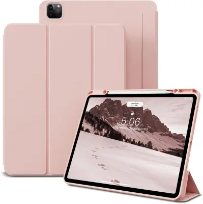 Ovitek za iPad Air 13" 2024 M2 in iPad Pro 12,9" 2022/2021, TPU zaščita z držalom za Apple Pencil, svetlo roza barva