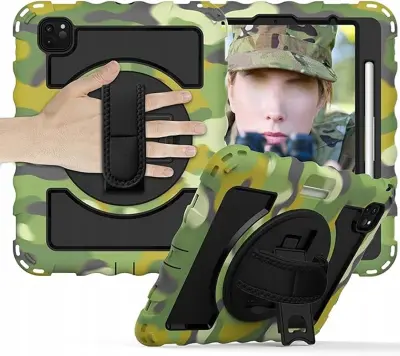 Ovitek za iPad Pro 11 s stojalom, ročajem in naramnim trakom, trislojna zaščita pred udarci, camo vzorec, TPU in PC ohišje