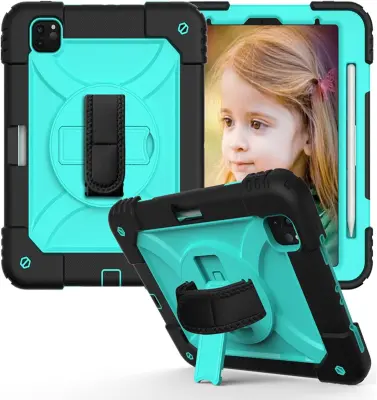 Ovitale za iPad Air 5 / Air 4 / Pro 11 s stojalom, naramnim pasom, ročajem in držalom za pisalo, trislojna zaščita, mint barva