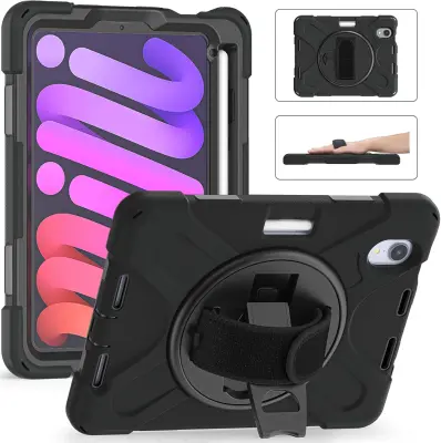 Ovitek za iPad Mini 6 8.3'' s 360° vrtljivim stojalom, ročajem in mestom za pisalo, odporen na udarce, črne barve