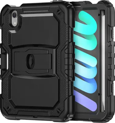 Ovitek za iPad Mini 6 8.3'' oklepen s stojalom in mestom za pisalo, tridelna zaščitna torbica iz silikona in plastike, črn