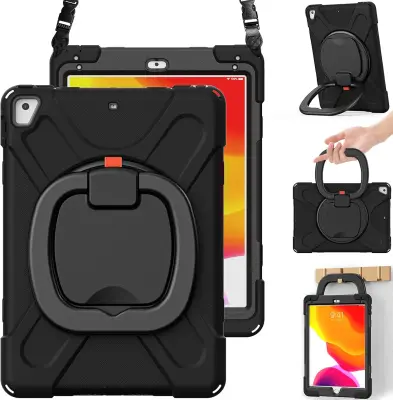 Ovitek za iPad 10.2 (2021/2020/2019) s stojalom, ročajem in naramnim trakom, troslojna zaščita proti udarcem, črn