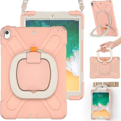 Ovitek za iPad Air 3 / Pro 10,5" s stojalom, ročajem in naramnim trakom, trislojna zaščita pred udarci, roza barva