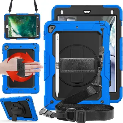 Ovitni ovitek za iPad 9.7 2018/2017 s stojalom, 360-stopinjskim ročajem in naramnim pasom, trislojna zaščita, moder