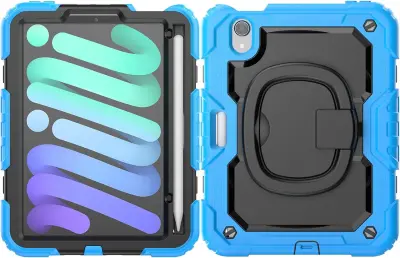 Ovitek za iPad Mini 6 8.3'' s 360° vrtljivim stojalom, držalom za pisalo in zaščito pred udarci, trislojen, moder