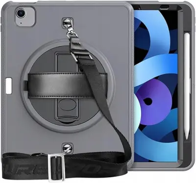 Ovitek za iPad Pro 11 (2021/2020/2018) s stojalom, naramnim pasom in držalom za pisalo, troslojna zaščita, siv, TPU+PC