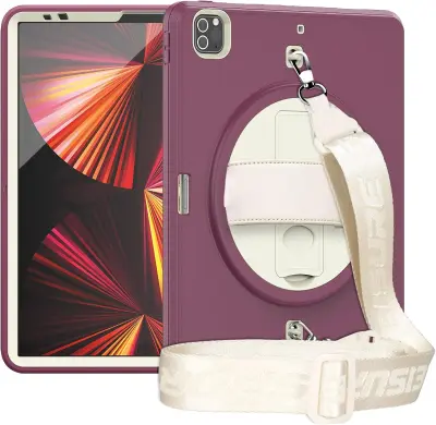 Ovitek za iPad Pro 11 / Air 5 / 4 s 360° vrtljivim stojalom, ročajem, naramnim trakom in prostorom za pisalo, bordo rdeč