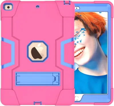 Ovitek za iPad 9.7 robusten s stojalom, trpežna tridelna zaščita proti udarcem, silikon in plastika, primeren za otroke, roza barva