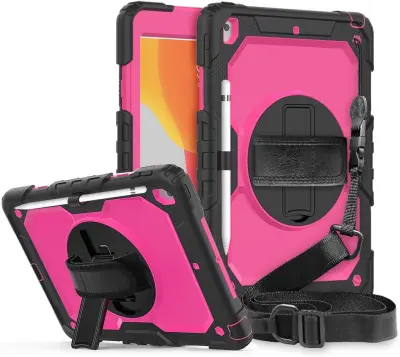 Ovitek za iPad 9 / 8 / 7 10.2 s stojalom, ročajem in naramnim trakom, trislojna zaščita in držalo za pisalo, roza barva
