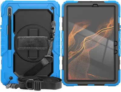 Ovitek za Samsung Galaxy Tab S8/S7 s 360° stojalom, naramnim pasom, ročajem in držalom za pisalo, trislojna zaščita, moder