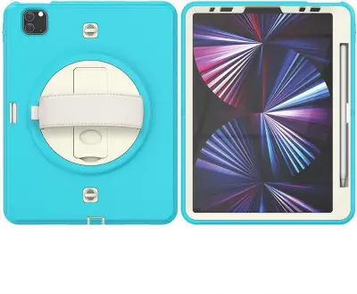 Ovitek za iPad Mini 6 8.3 zaščitni s stojalom, ročajem in naramnim pasom, trislojna konstrukcija, odporen na udarce, turkizen