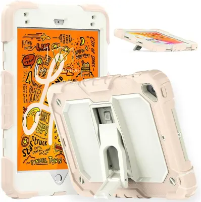 Ovitek za iPad Mini 5/4 7.9 robusten s stojalom, ročajem in naramnim trakom, trislojna zaščita proti udarcem, roza barva