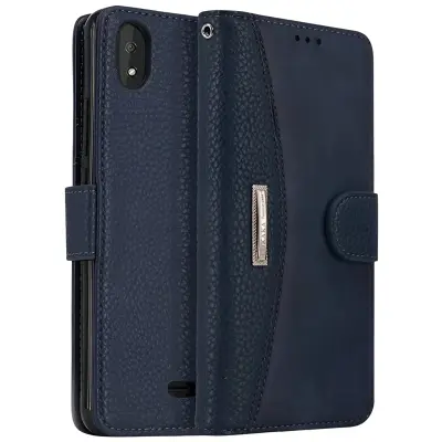 Preklopni etui za Wiko Y61, usnjena zaščitna torbica s funkcijo denarnice in prostori za kartice, mornarsko modra barva