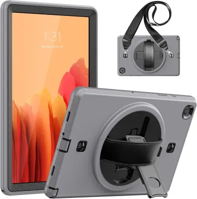Ovitek za Samsung Galaxy Tab A7 10.4 s stojalom, ročajem in naramnim pasom, troslojna zaščita pred udarci, siv