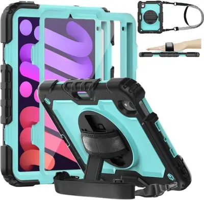 Ovitek za iPad Mini 6 8.3 s stojalom, ročajem in naramnim trakom, troslojna zaščita proti udarcem, mentol zelena barva