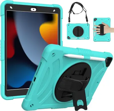 Ovitek za iPad 10.2 9/8/7, zaščitni etui s stojalom, držalom za pisalo in naramnim pasom, odporen na udarce, mentol barva