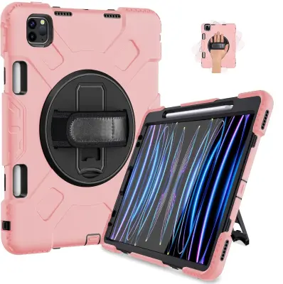 Ovitek za iPad Pro 11 s 360-stopinjskim vrtljivim stojalom, držalom za dlan in mestom za pisalo, odporen na udarce, rožnat