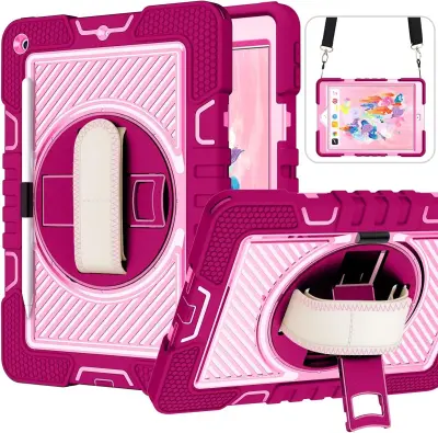 Ovitek za iPad 9/8/7 10.2 s stojalom in naramnim pasom, troslojni zaščitni etui s 360 stopinjskim ročajem, rožnat