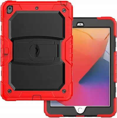 Ovitek za iPad 9/8/7 10.2 robusten s stojalom in mestom za pisalo, trpežna troslojna zaščita, silikonski, rdeč barve