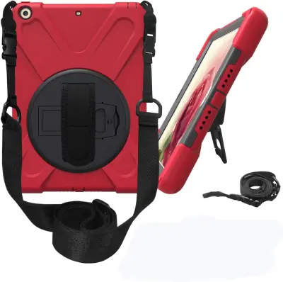 Ovitek za iPad 2/3/4 s 360-stopinjskim stojalom, ročajem in naramnim trakom, trislojna robustna zaščita, rdeče barve
