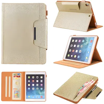 Etui za iPad Air / Air 2 / Pro 9.7", zaščitni ovitek s poklopcem in funkcijo stojala, zlat z bleščicami in žepom za kartice